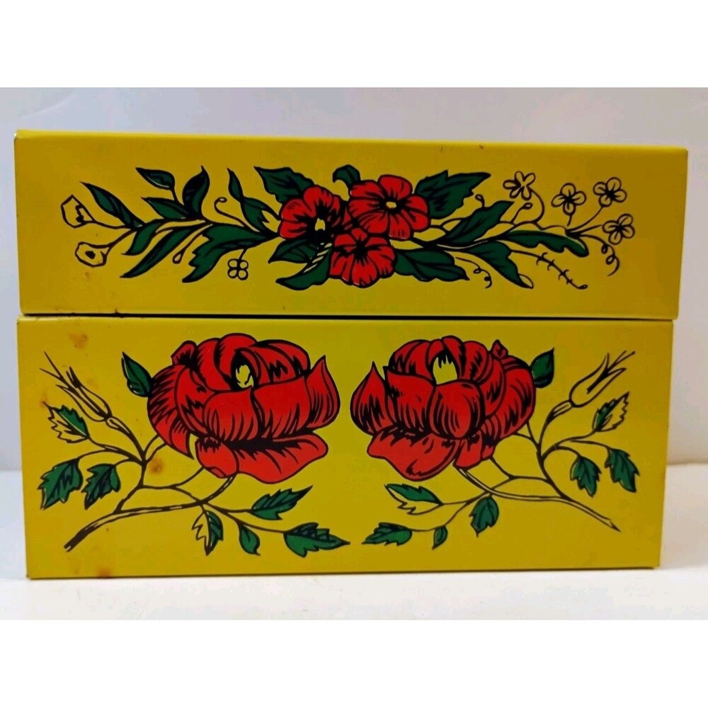 Vintage Grey Gardens Yellow Tin Recipe Box with New File n Find Index Cards